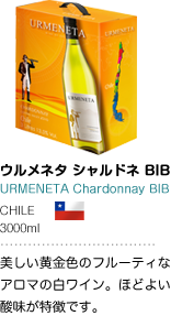 ウルメネタ シャルドネ BIB URMENETA Chardonnay BIB CHILE 3000ml 美しい黄金色のフルーティなアロマの白ワイン。ほどよい酸味が特徴です。
