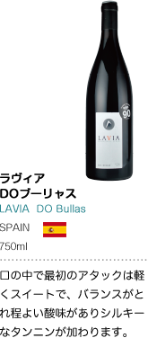 ラヴィア DOブーリャス LAVIA DO Bullas SPAIN 750ml 口の中で最初のアタックは軽くスイートで、バランスがとれ程よい酸味がありシルキーなタンニンが加わります。