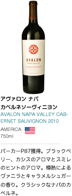 アヴァロンナパ カベルネソーヴィニヨン AVALON NAPA VALLEY CABERNET SAUVIGNON 2010 AMERICA 750ml パーカーP87獲得。ブラックベリー、カシスのアロマとスミレのヒントのアロマ。樽熟によるヴァニラとキャラメルシュガーの香り。クラシックなナパのカベルネ。