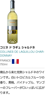 コリヌ ド ラギュシャルドネ COLLINES DE LAGUILLOU CHARDONNAY FRANCE 750ml 南仏から来た完熟シャルドネのワインです。白いトロピカルフルーツの香り、黄桃、パイナップル、マンゴーのフレーバーが口いっぱいに広がります。