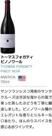 トーマスフォガティ ピノノワール THOMAS FORGATY PINOT NOIR AMERICA 750ml サンフランシスコ湾南のサンタクルーズは冷涼な海からの風で育った熟したぶどうを丁寧に醸造しました。ピノノワール種のエレガントな香りとシルキーな口あたり、ほんのりスパイスを感じる赤ワインです。