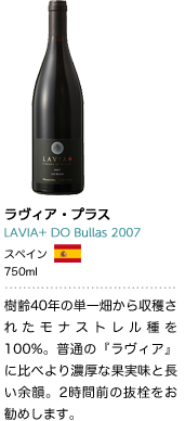 ラヴィア・プラス LAVIA+ DO Bullas 2007 スペイン 750ml 樹齢40年の単一畑から収穫されたモナストレル種を100%。普通の『ラヴィア』に比べより濃厚な果実味と長い余韻。2時間前の抜栓をお勧めします。